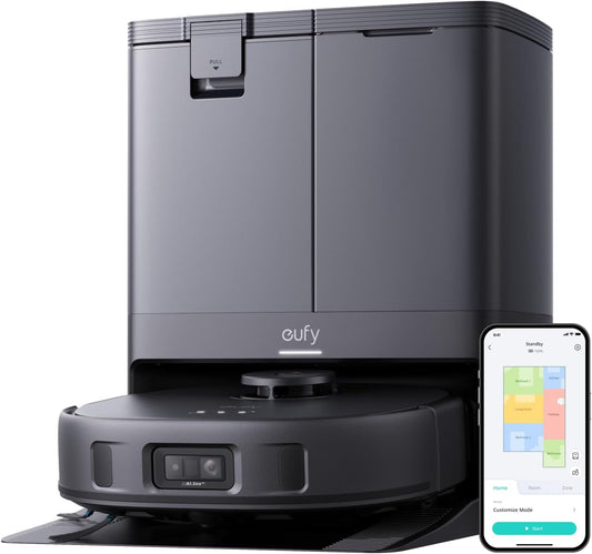 eufy X10 Pro Omni Robot Aspirador con Base Autovaciado y Mopas Giratorias, Mopa Doble con Elevación Automática de 12 mm, Detección de Alfombras, Antiobstáculos AI, Lavado y Secado automático, Negro