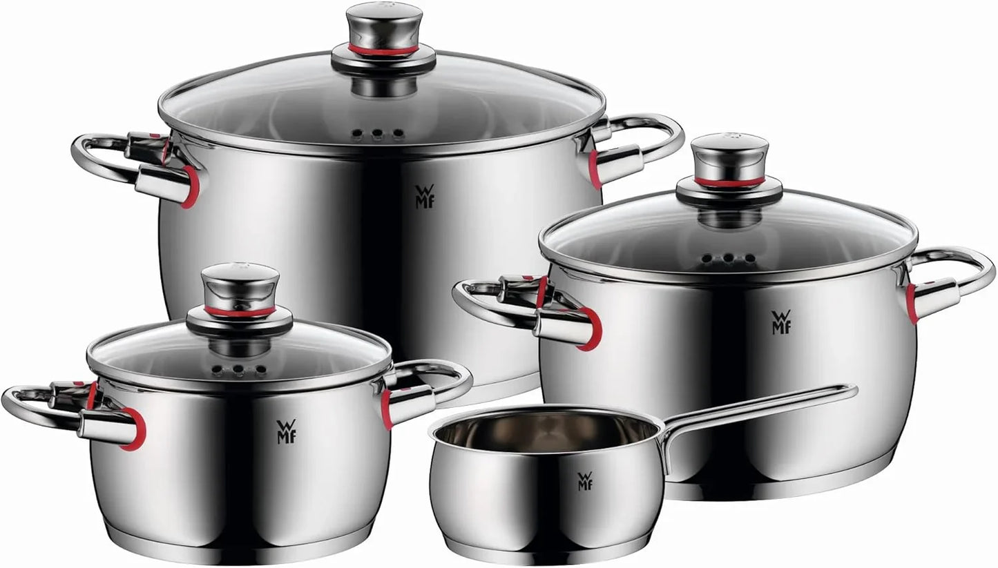 WMF Quaity One 9-Piece Cookware Set, Stainless Steel Suitable for Induction, 1 Low Saucepan 20 cm, 3 Saucepans 16 cm, 20 cm and 24 cm, 1 Saucepan 16 cm with 4 Glass Lids