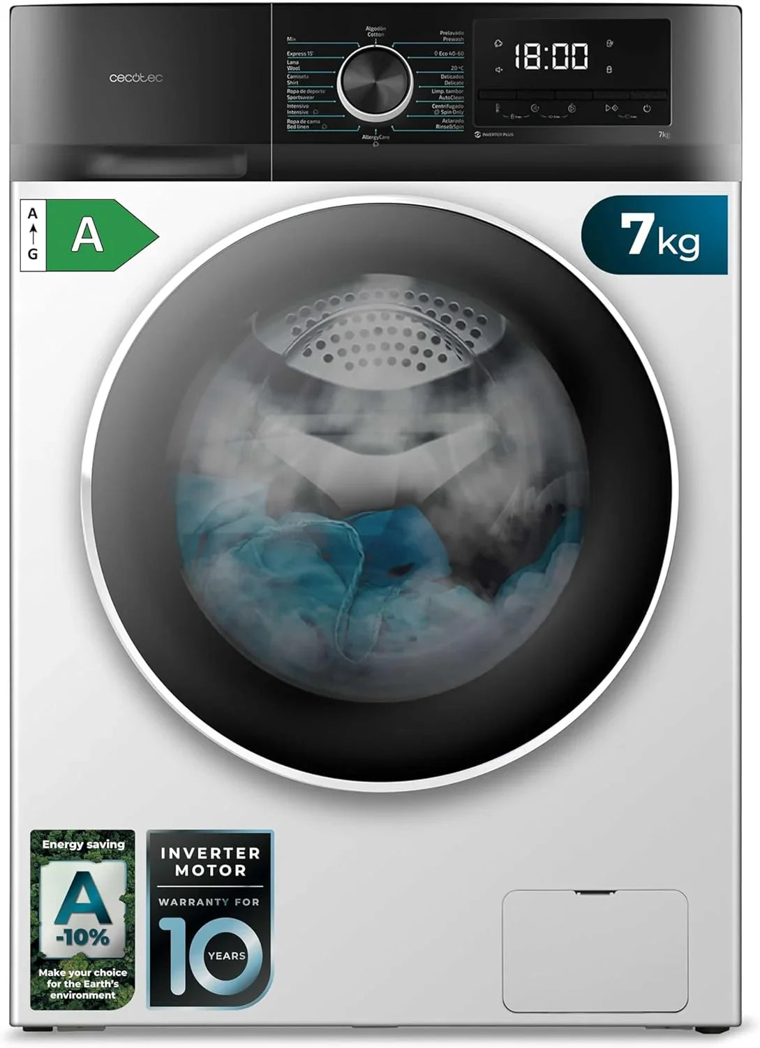 Cecotec Washing Machine 9 kg Front Load Bolero Dresscode 9500 Inverter Steel A. 1900W, 1400 rpm, Inverter Plus Motor, Low Consumption, 16 Programs, SteamMax, Delay Start, Steel
