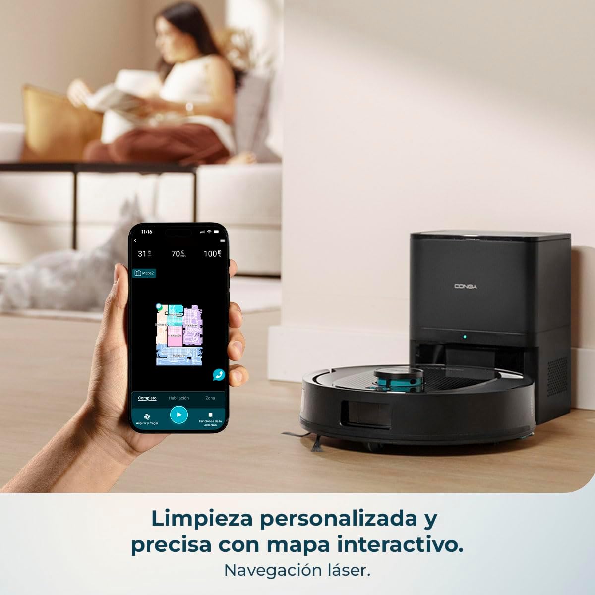 Cecotec Robot Aspirador y Friegasuelos con Base de Autovaciado e IA Conga Y80 X-Treme. Navegación Láser e Inteligencia Artificial, 13000Pa, Base de 2.5L, Autonomía hasta 220m², Control App 3.0