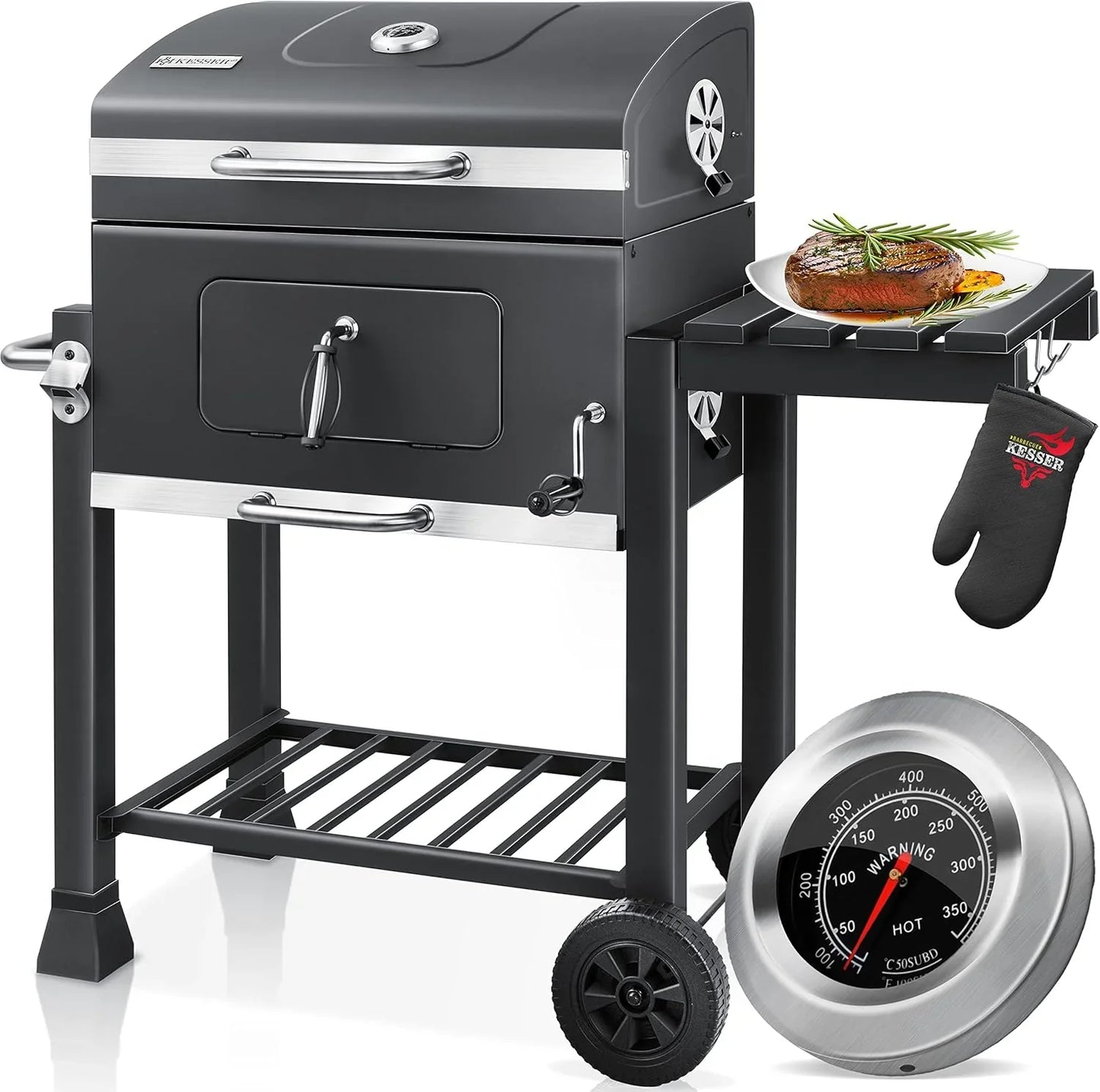 KESSER® Charcoal Grill with Grill Cart with Lid, Wheels, Stainless Steel Handle | Barbecue and Thermometer Charcoal Large BBQ Grill Camping Terrace Garden XXL Black