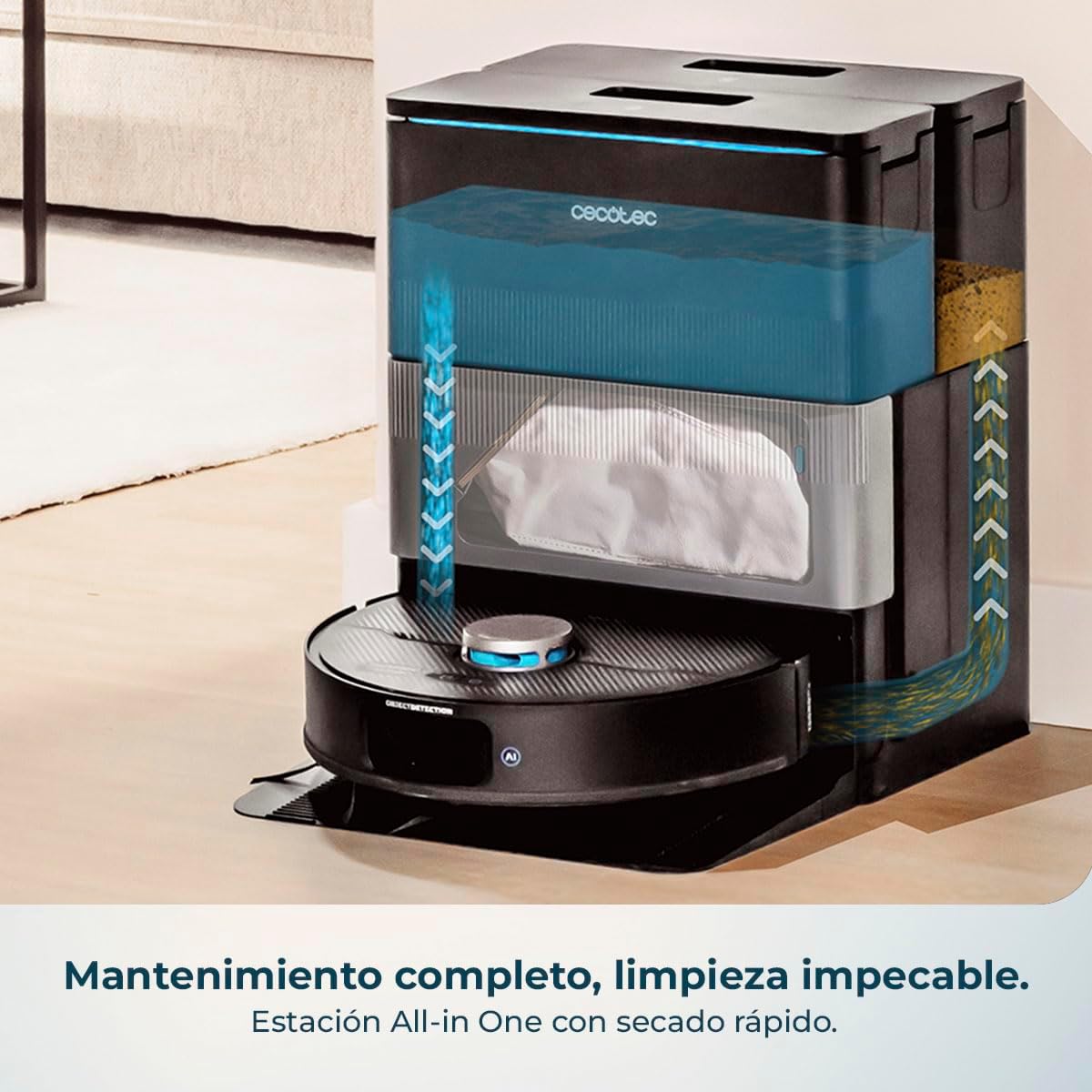 Cecotec Robot Aspirador y Friegasuelos con IA y Base Autovaciado Conga X70. Motor de Succión 15000Pa, Base 4 en 1, Tecnología Láser, Mopas Giratorias, Cepillo Lateral, App y Bluetooth